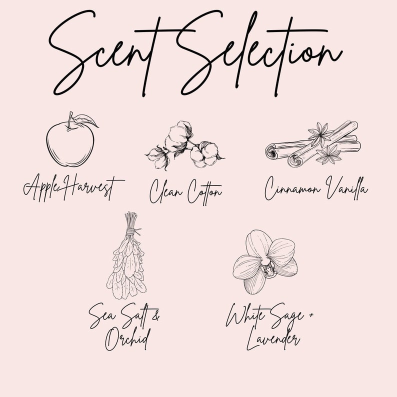 May include: A graphic featuring five different scents for candles or other home fragrance products. The scents are Apple Harvest, Clean Cotton, Cinnamon Vanilla, Sea Salt & Orchid, and White Sage + Lavender.