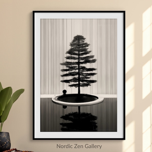 Black and White Bonsai Pine Tree Abstract Wall Art | Wabi Sabi Zen Japandi Digital Print | INSTANT DOWNLOAD | Muted Tones | Japanese Art