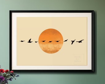 Horizontal Japanese Printable Wall Art | Flock of Birds Japan Sun Art Print | Birds Painting Minimalistic Japandi Decor, Digital Download