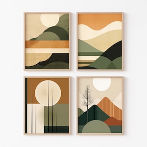 以下が含まれることがあります： ミニマルなスタイルの抽象的な風景画4枚セット。ベージュ、ブラウン、グリーン、ホワイトの落ち着いたカラーパレットが特徴です。それぞれのプリントは、山、丘、太陽が描かれた異なる風景を表しています。