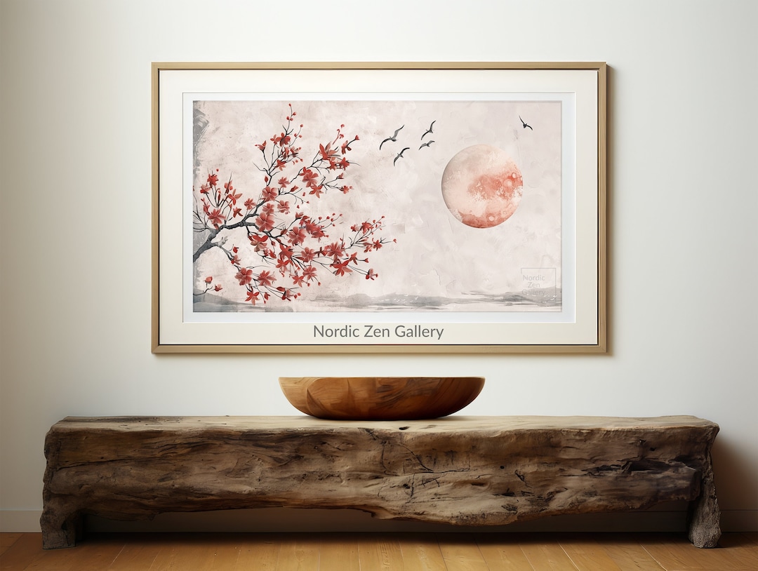 Cherry Blossom Blood Moon Wall Art | Wabi Sabi Zen Japandi Digital ...