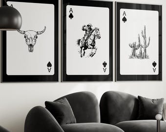 Western Wall Art Set Of 3, Cowboy Print Playing Card, Trendy Western art Cowboy, Decor Ace of Spades Print Longhorn Skull (Digital Download)