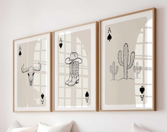 Western Playing Card Wall Art Set Of 3 Trendy Western art Cowgirl Print Modern Southwestern Decor Ace of Spades Print Longhorn Skull digital