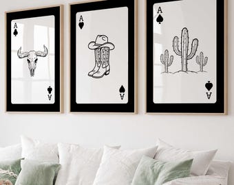 Western Wall Art Set Of 3, Trendy Western art Cowboy Print, Cowgirl Playing Card Wall Art, Decor Print Longhorn Skull (Digital Download)