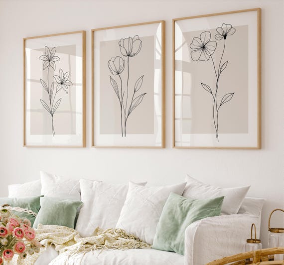 Beige Wall Art Set of 3 Prints, Line Art Print Flower, Neutral Wall Art, Botanical Line Art, Minimalist Modern Beige Art (Digital Download)