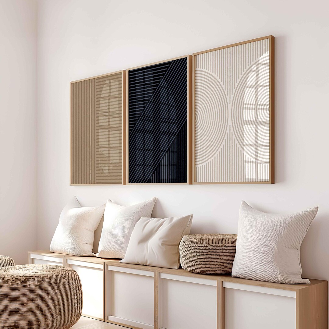 Neutral Abstract Line Art Print Set, Abstract Geometric Set of 3 Prints ...