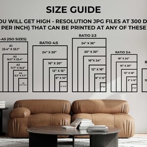 May include: A size guide graphic displays various print sizes, including A1-A5, ratios 4:5, 2:3, 3:4, and 11:14, with measurements in inches. The text states that high-resolution JPG files at 300 DPI are provided. The image is set against a neutral wall with a brown leather sofa.