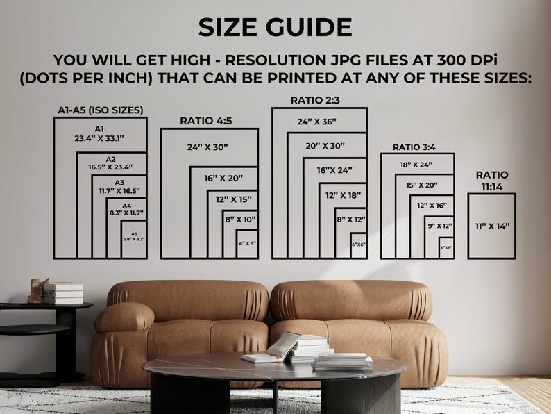 May include: A size guide graphic displays various print sizes, including A1-A5, ratios 4:5, 2:3, 3:4, and 11:14, with measurements in inches. The text states that high-resolution JPG files at 300 DPI are provided. The image is set against a neutral wall with a brown leather sofa.