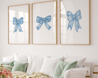 Coquette room decor, Blue Bow Art Set of 3, Posters Bows Nursery Prints, Girly Coquette Room Decor (Digital Download)