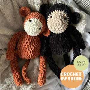 May include: Crochet pattern for a plush toy monkey and a plush toy fox. The monkey is black with a beige face and the fox is orange with a white face. Both toys have long limbs and are made with a fuzzy yarn. The image includes the text "Low Sew Crochet Pattern".