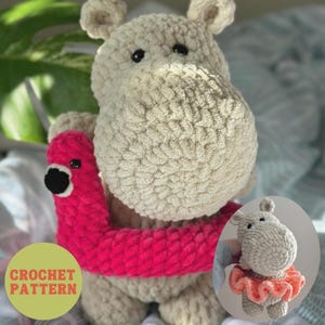 May include: Crochet pattern for a beige amigurumi hippopotamus holding a pink inflatable ring. The pattern includes instructions for making a smaller hippopotamus with a pink ruffle.