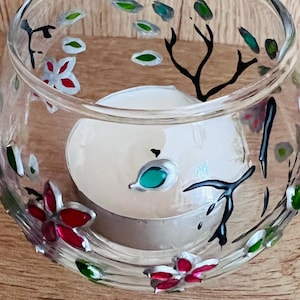 Hand painted blossom stained glass candle holder, tealight candle holder, colorful stained glass, home decor gift, stained glass gift