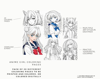 May include: A digital download of 20 anime girl coloring pages. The images feature different art styles and are ready to be printed and colored. The text "20 Coloring Pages!" and "Download & Print" are visible in the image.