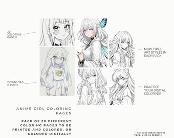 May include: A digital download pack of 20 anime girl coloring pages. The pack includes multiple art styles and is perfect for practicing digital coloring. The image shows examples of the coloring pages, which feature different anime girls with various hairstyles and outfits.