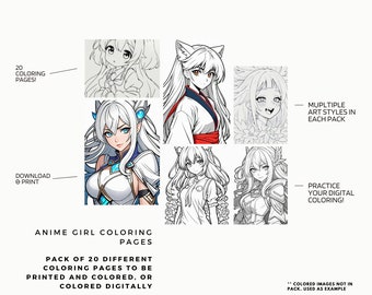 May include: A digital download of 20 anime girl coloring pages. The images are black and white line drawings of anime girls with different hairstyles and outfits. The text "20 Coloring Pages!" is at the top of the image. The text "Download & Print" is at the bottom left of the image. The text "Multiple Art Styles in Each Pack" is at the top right of the image. The text "Practice Your Digital Coloring!" is at the bottom right of the image. The text "Anime Girl Coloring Pages" is in the center of the image. The text "Pack of 20 Different Coloring Pages to be Printed and Colored, or Colored Digitally" is below the text "Anime Girl Coloring Pages". The text "Colored Images Not in Pack. Used as Example" is at the bottom of the image.