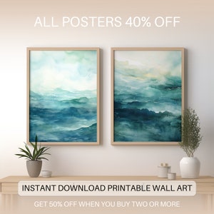 Blau Wasserfarben Wellen 2er Set Abstrakter Ozean Poster, Digital Download, Ozean Wellen Kunstdrucke, 2 blaue abstrakte Wasserfarben Kunstdrucke