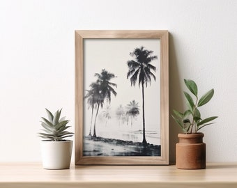 Black and White Palm Tree Watercolor Print, Coastal Wall Art, Digital Watercolor Palm Trees Beach Art, Instant Download, Printable art