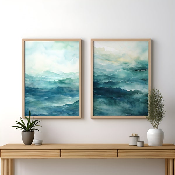 Blue Watercolor Waves Set of 2 Abstract Ocean Posters, Digital Download, Ocean Waves Art Prints, Two Blue abstract Watercolor prints