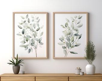Set of Two Eucalyptus Botanical Prints, Watercolor Art in Soft Green, Digital Download Wall Art, Eucalyptus Botanical Art Prints Set