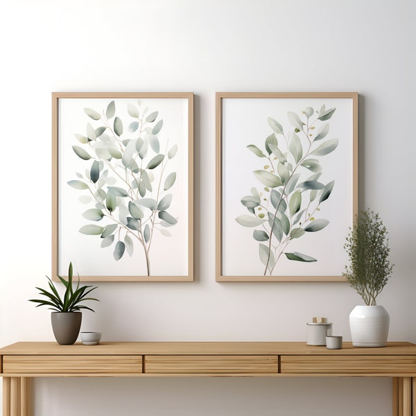 Set of Two Eucalyptus Botanical Prints, Watercolor Art in Soft Green, Digital Download Wall Art, Eucalyptus Botanical Art Prints Set