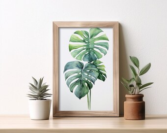 Impresión artística de acuarela de Monstera: Elegantes hojas verdes (Descarga digital)