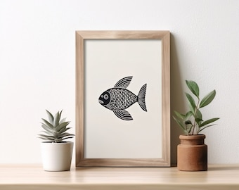 Schwarz weiße Fische Ink Print: Minimalistisches Wandbild (Digitaler Download)