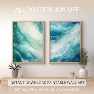Blue Watercolor Waves Set of 2 Abstract Ocean Posters, Digital Download, Ocean Waves Art Prints, Two Blue abstract Watercolor prints