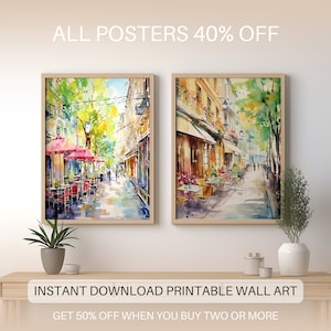 City Street Watercolor Paintings Duo, Vibrant Urban Landscape Art Prints, Green Trees & Cafes Watercolor Posters Set, Digital Download Art