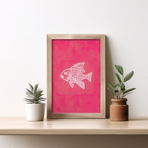 Prosta biała ilustracja ryby na różowym tle - cyfrowe pobieranie - minimalistyczny plakat sztuki rybnej - natychmiastowe pobieranie dekoracji ściennych