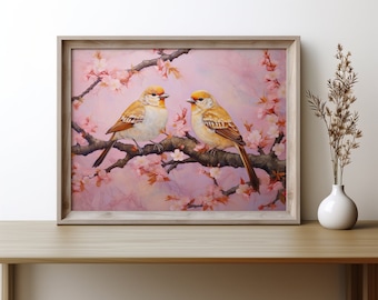 Pink Japanese Art Style Print, Birds on Cherry Blossom Tree - Digital Download Poster