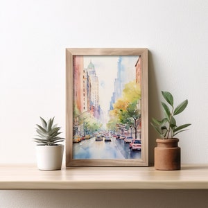 New York City Straßenszene Nacht Aquarell Poster Download, Serene Cityscape Aquarell Kunstdruck Digitaler Download