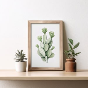 Minimalistisches Kaktus-Poster mit weißen Blüten, Digitaler Download Wandkunst Botanische Kaktus-Illustrationsdruck, grüner Kaktus mit weißen Blüten