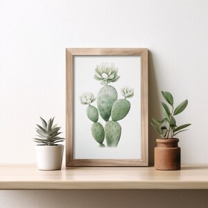 Poster Kaktus | Digitaler Download Illustration | Grüner Kaktus mit blühenden Blumen | Grüne Pölsterchen und weiße Blumen | Botanische Kunst