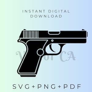 May include: Black outline illustration of a handgun. The image includes the text "INSTANT DIGITAL DOWNLOAD" at the top and "SVG + PNG + PDF" at the bottom. The background is a gradient of light blue and white.