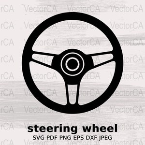 May include: Black and white silhouette of a steering wheel. The steering wheel has three spokes and a circular center. The image is on a white woodgrain background.  SVG PDF PNG EPS DXF JPEG