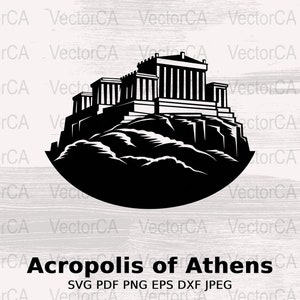 May include: A black and white silhouette illustration of the Acropolis of Athens, a famous ancient Greek landmark. The illustration shows the iconic Parthenon temple on top of a hill.