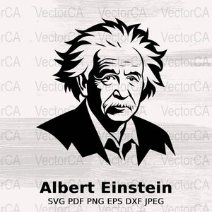 May include: Black and white silhouette of Albert Einstein with a mustache and a distinctive hairstyle. The image includes the text "Albert Einstein" and "SVG PDF PNG EPS DXF JPEG".