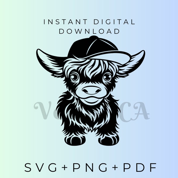 Cuddly Baby Highland Calf with Adorable Cap - SVG, PNG, Vector, pdf Digital Download -Nursery Decor, DIY Crafts, Highland Cattle Clipart