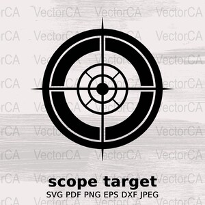 May include: Black and white scope target graphic with concentric circles and crosshairs. SVG PDF PNG EPS DXF JPEG.