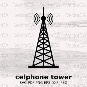 Puede incluir: Silueta en blanco y negro de una torre de telefonía móvil con antenas en la parte superior. La torre tiene forma triangular con una base y una punta. El texto "cellphone tower" está debajo de la imagen. El texto "SVG PDF PNG EPS DXF JPEG" está debajo del texto "cellphone tower".