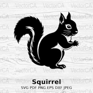 May include: A black silhouette of a squirrel sitting on its haunches with its tail curled behind it. The image is on a white woodgrain background. The text "Squirrel" is below the image with the text "SVG PDF PNG EPS DXF JPEG" below that.