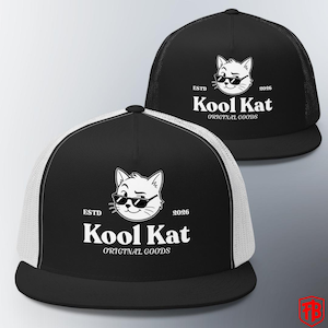 Kool Kat Trucker Hat | DTF Printed Cool Cat Snapback Cap, Streetwear Flat Bill Hat, High Profile Graphic Cap