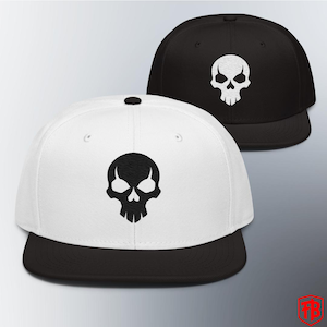 May include: Two flat-brimmed baseball caps. One is white with a black brim and a black skull graphic. The other is black with a white skull graphic. The skull design features stylized eye sockets and a jaw.