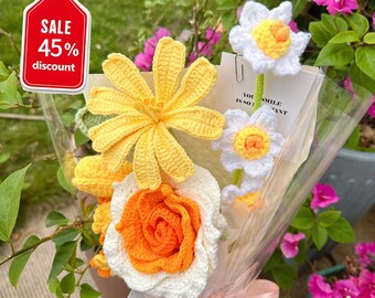 Original hand knitted finished bouquet, orange rose crochet bouquet multi head rose everlasting bouquet gift mother's day gift birthday gift