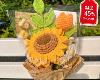 Original handmade crochet bouquet - knitted crochet bouquet finished - sunflowers - tulips - lily of the valley green leaves daisies for mom