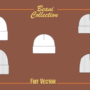 May include: A flat vector illustration of a beanie collection. The image features five white beanies in different styles against a brown background. The text "Beani Collection" and "Flat Vector" are also present.