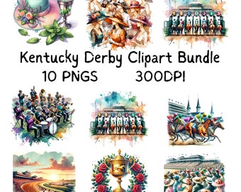 May include: A digital clipart bundle of 10 images featuring watercolor illustrations of the Kentucky Derby. The images include a horse race, a band, a trophy, a crowd of people wearing hats, and a mint julep. The text "Kentucky Derby Clipart Bundle 10 PNGs 300DPI" is included in the image.