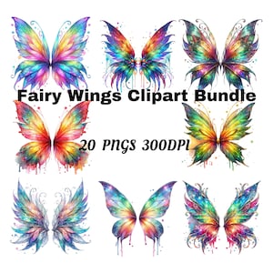 Magical Fairy Wings Clipart, Watercolor Angel Wing Clip Art, Pastel Fantasy Graphics, Magic Rainbow Colors Enchanted Wing PNG Set