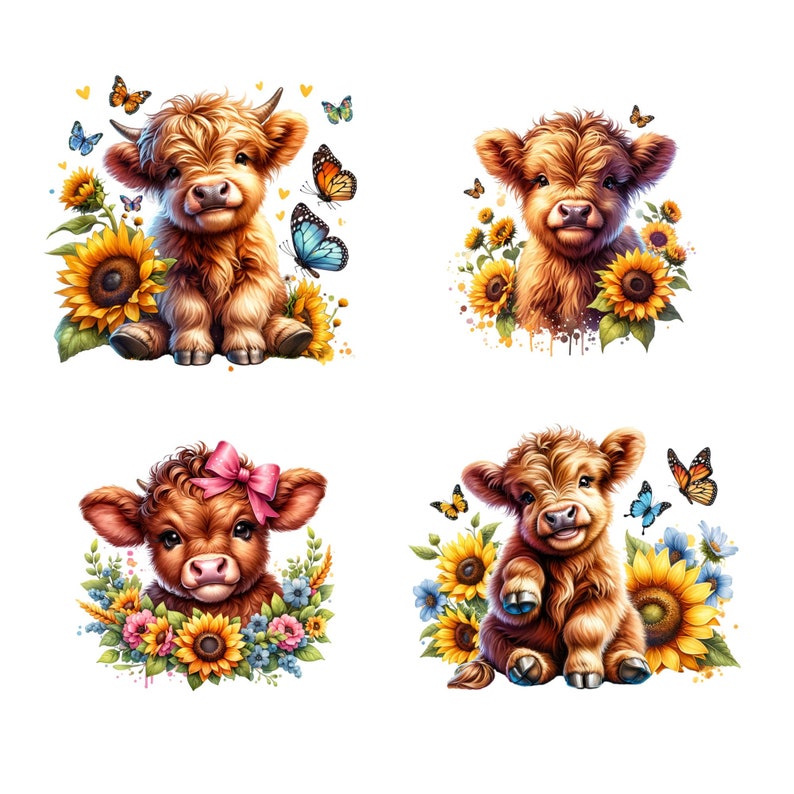 Watercolor Highland Cows Clip Art Bundle, Sunflower Cute Baby Cow ...