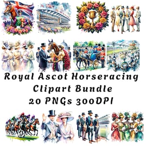 競馬のイギリスのクリップアートバンドル エレガントな競馬とファッション デジタルダウンロード ダービーデー イギリス王室のクリップアート 馬術 PNG